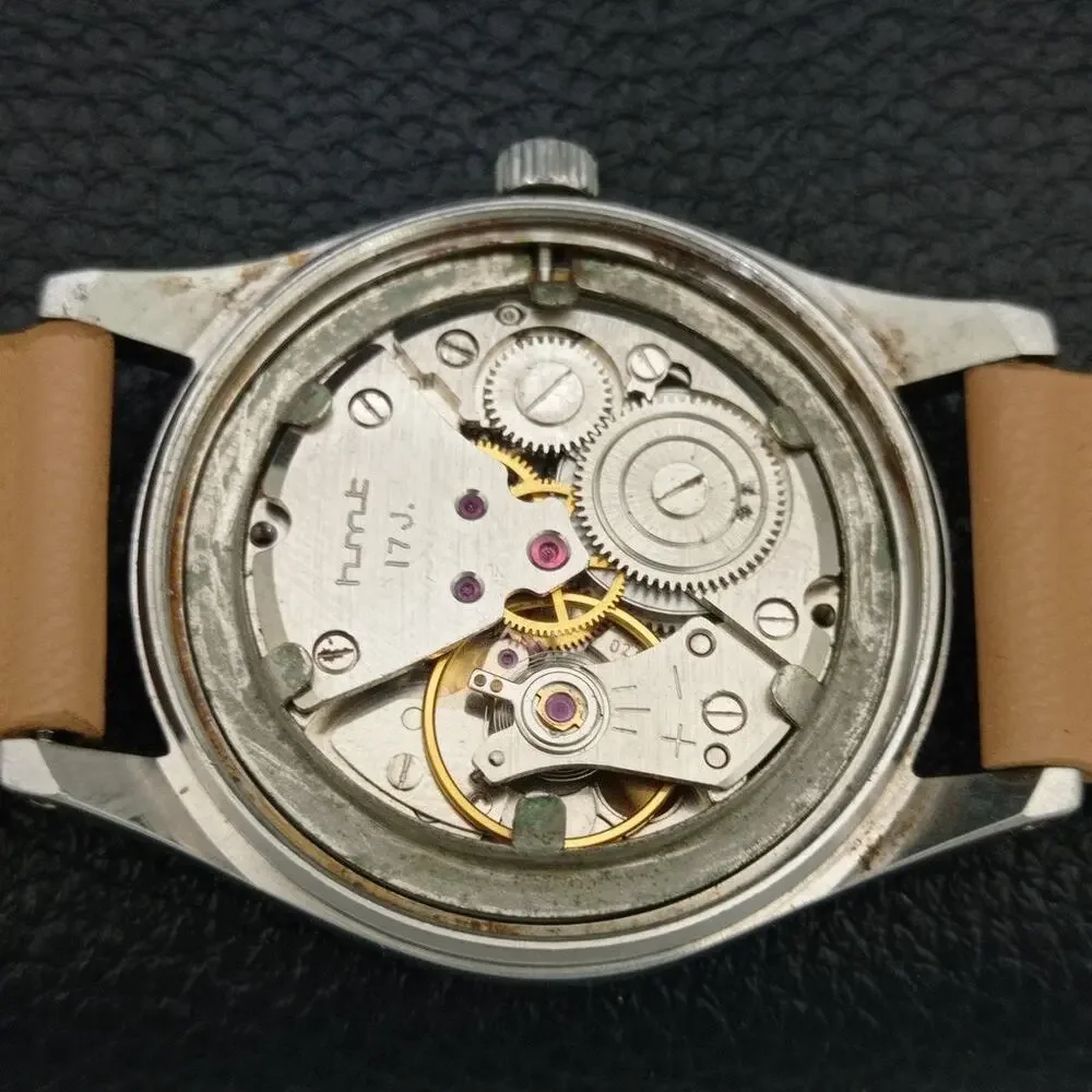 Vintage 1974 HMT Manual Wound Mens Silver Watch & Green accents